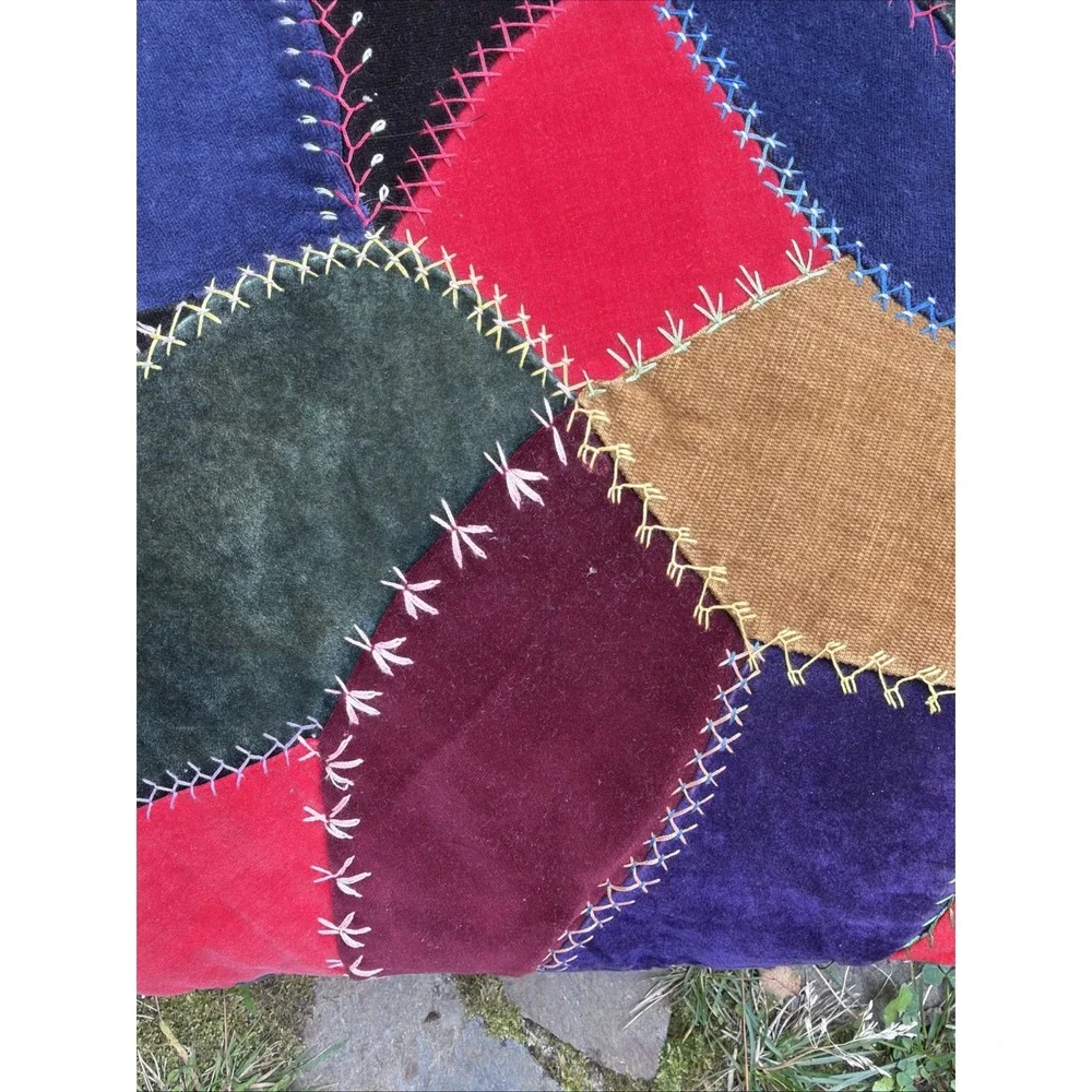 Vintage crazy quilt throw pillow made from  Scrap, green velvet back 16 x 17